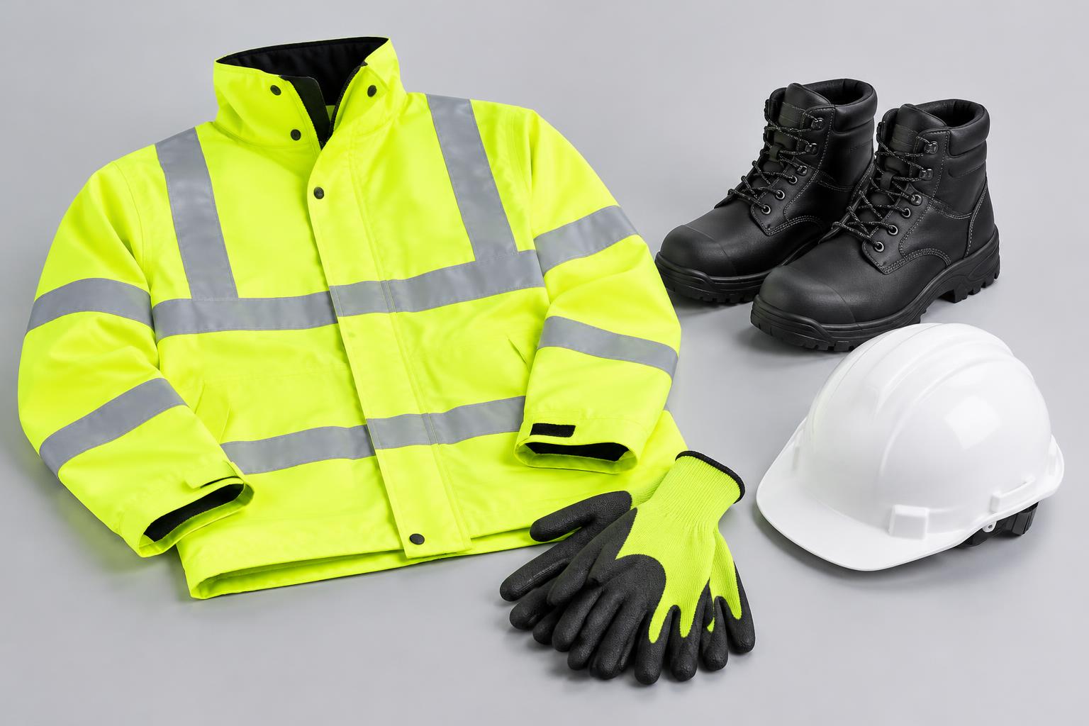 PPE range with hi-vis jacket, safety helmet, work gloves and steel-toe boots
